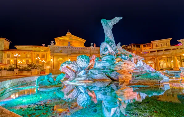 Night, lights, Japan, Tokyo, fountain, Urayasu, Tokyo DisneySea, the hotel Miracosta