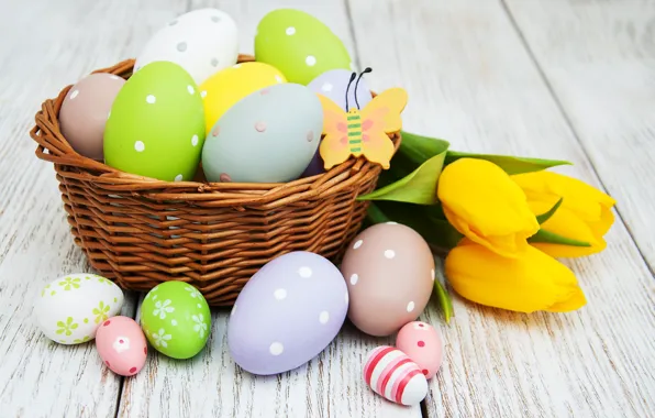 Picture flowers, eggs, spring, colorful, Easter, tulips, yellow, wood