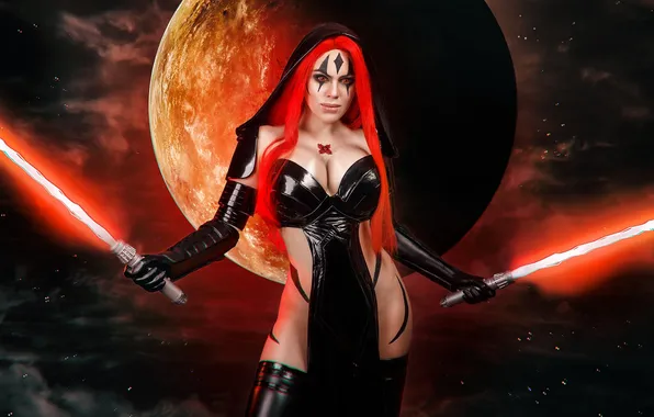 Girl, red, swords, lightsabers, Alice Arefieva