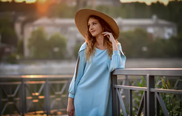Girl, pose, hat, dress, bokeh, Anastasia Mazzei (Don), Anna Moskvina