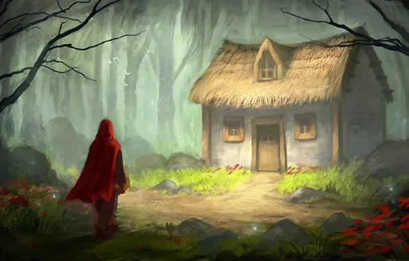 Picture forest, birds, house, tale, little red riding hood, art, cloak