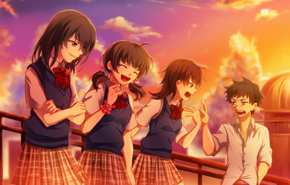 Picture the sky, clouds, sunset, girls, anime, art, form, guy