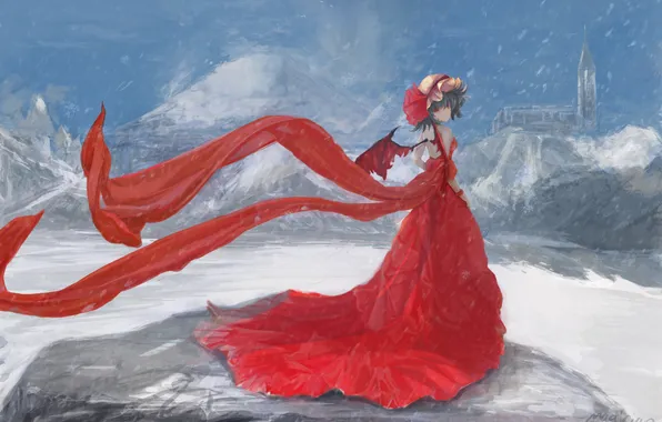 Picture winter, girl, snow, mountains, castle, wings, dress, art