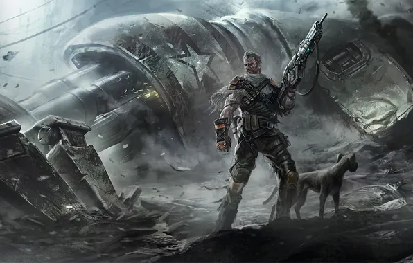 Picture smoke, robot, warrior, dog, machine, the ruins, Male, destroyed