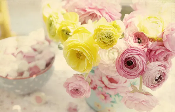 Picture flowers, table, tenderness, vase, Ranunculus