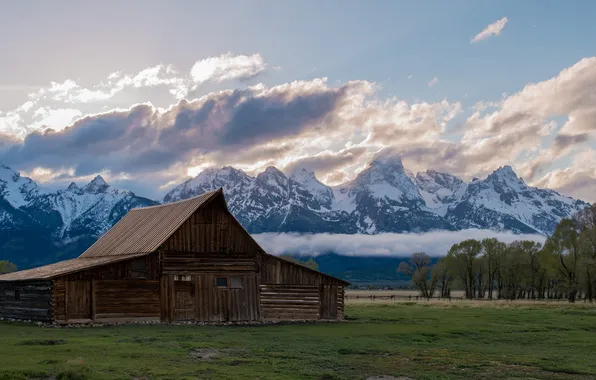 Field, the sky, clouds, snow, trees, mountains, house, tops
