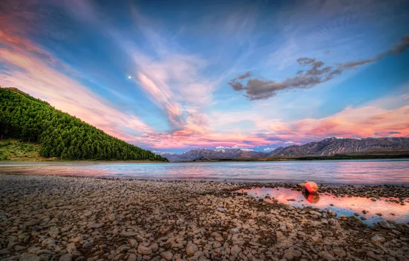 Forest, the sky, clouds, mountains, nature, lake, stones, HDR