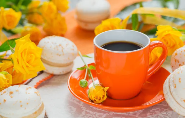 Coffee, cookies, Cup, macaron, yellow roses