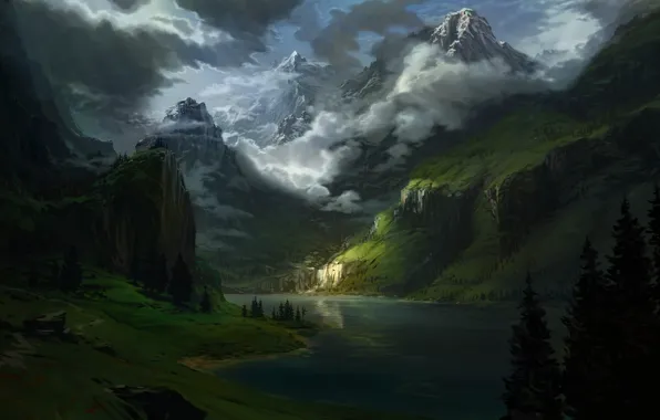 Trees, landscape, nature, water, art, clouds, lake, snow