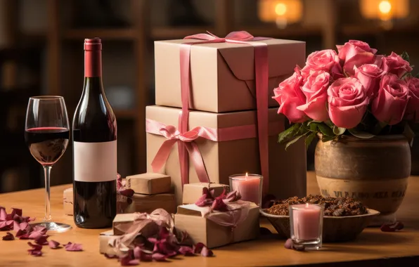 Flowers, tape, table, holiday, wine, red, glass, bottle