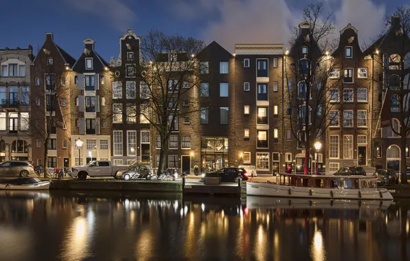 Picture machine, night, the city, building, boats, lighting, Amsterdam, lights