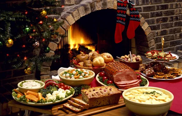 Tree, new year, food, meat, socks, fireplace, meals, festive table