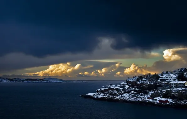 Winter, clouds, snow, home, Bay