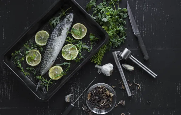 Greens, Lemon, Fish, garlic, Seasoning