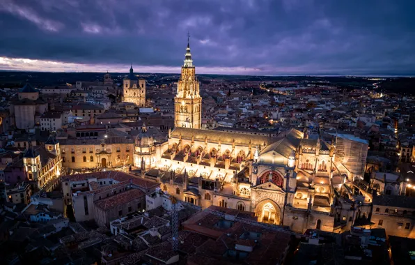 Building, home, panorama, Cathedral, temple, night city, Spain, Toledo