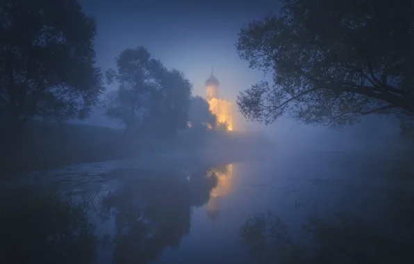 Wallpaper night, fog, Church