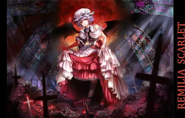 Crosses, stained glass, red eyes, the crypt, vampire, Remilia Scarlet, blood Moon, project East