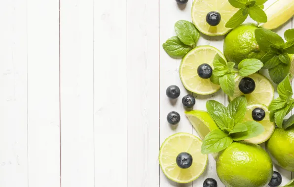 Picture white, background, blueberries, lime, mint, wood