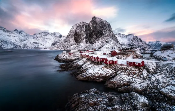 Winter, the sky, clouds, snow, mountains, stones, rocks, shore