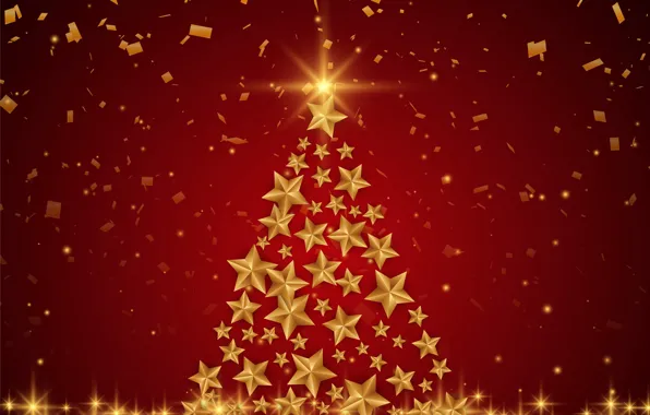 Stars, decoration, background, gold, tree, Christmas, New year, red