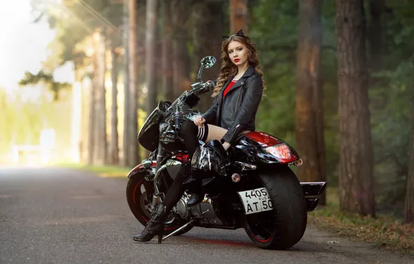 Road, trees, Girl, motorcycle, Alina Panevska, Alexander Chuprina