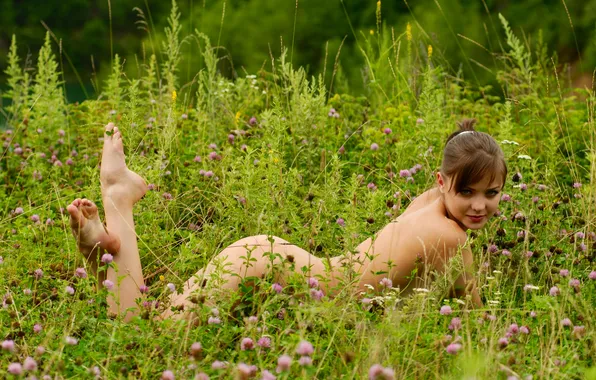 Picture grass, look, girl, flowers, clover, brown hair, nudity, Emily