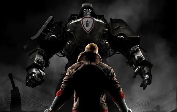 Picture metal, smoke, robot, jacket, male, the protagonist, MachineGames, Wolfenstein: the New order