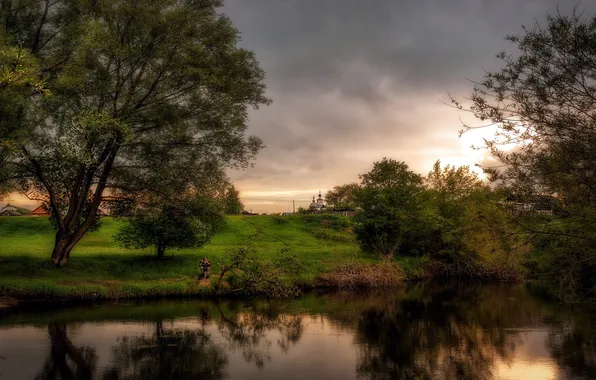 Landscape, sunset, river, fisherman