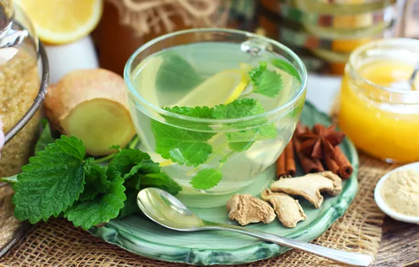 Tea, honey, Cup, mint, ginger