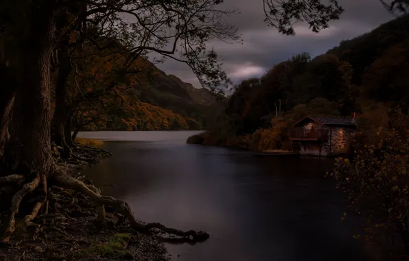 Picture the dark background, shore, house, pond, photoart