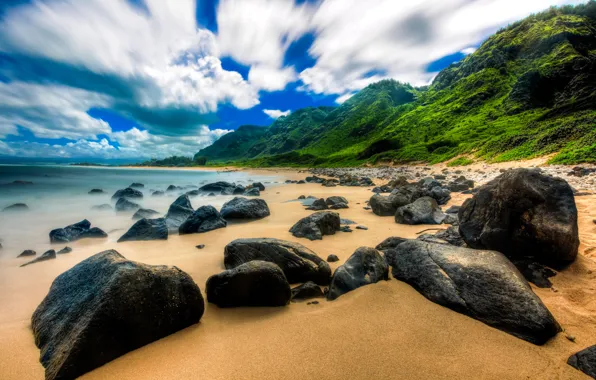 Picture sand, sea, beach, the sky, clouds, mountains, tropics, stones