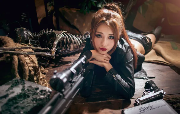 Picture model, women, lying down, smoky eyes, girls with guns, red lipstick, dyed hair, lying on …