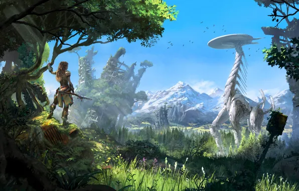 The sky, Girl, Mountains, Robot, Trees, Bow, Hunter, PlayStation 4