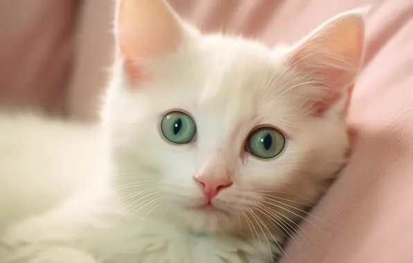 Cat, white, look, pose, kitty, portrait, bed, lies