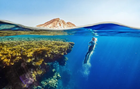 Girl, Water, Woman, Ocean, Swimming, Coral, Swim, Neom