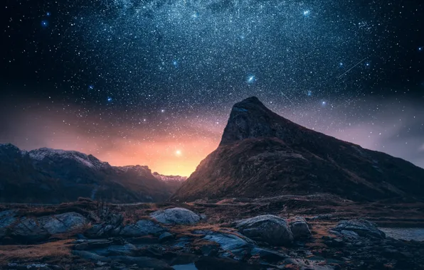 The sky, stars, mountains, night, rocks, mountain