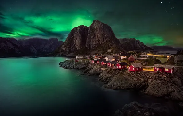 The sky, night, clouds, lights, stones, rocks, shore, tops