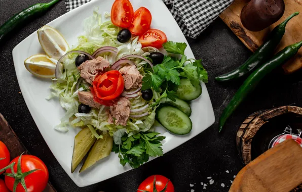 Lemon, bow, pepper, vegetables, tomato, tomato, parsley, salad