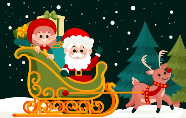 Winter, Night, Snow, Christmas, New year, Elf, Santa Claus, Deer
