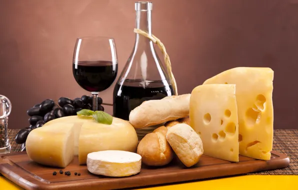 Wine, red, glass, cheese, bread, grapes, pepper, loaves