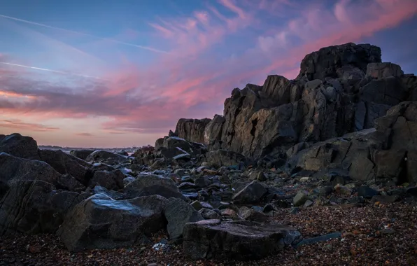 The sky, landscape, nature, pebbles, blue, stones, rocks, shore
