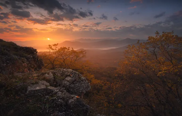 Picture autumn, the sun, trees, landscape, mountains, nature, fog, stones