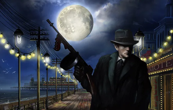 Picture sea, night, the city, weapons, the moon, hat, pier, pierce