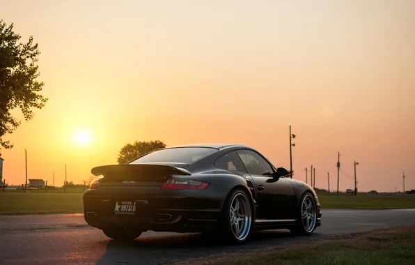 The sun, black, 911, 997, Porsche, Porsche, black, Blik