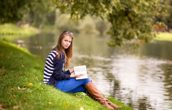 Girl, river, nature, shore