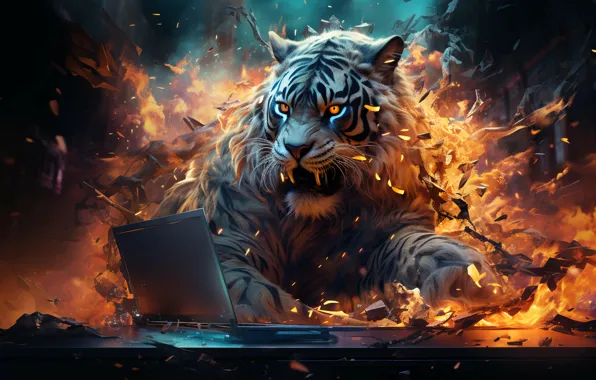 Look, face, tiger, pose, portrait, wild cat, AI art, neural network