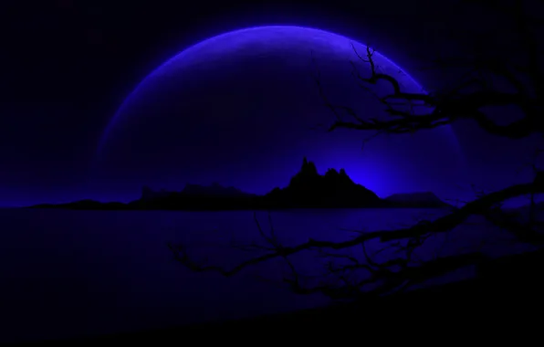 Mountains, night, tree, planet, silhouette