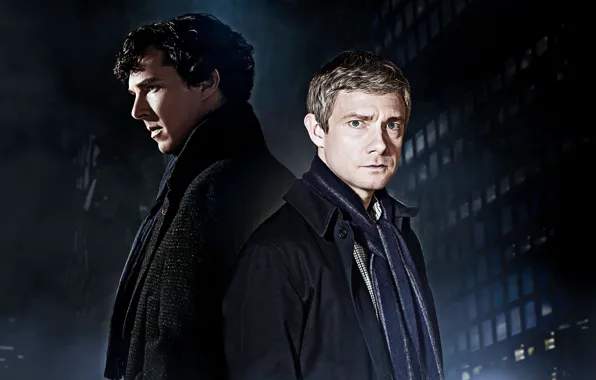 Night, the city, Sherlock Holmes, Martin Freeman, Benedict Cumberbatch, Sherlock, Sherlock BBC, Sherlock Holmes