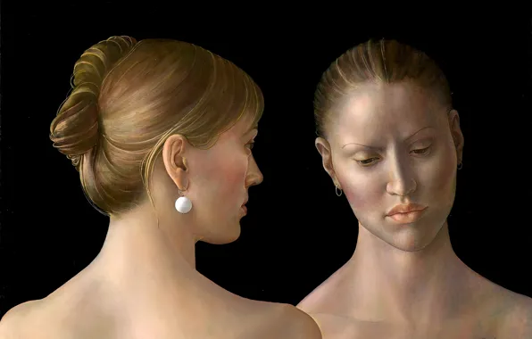 Blonde, 2010, earring, Figurative painting, Normunds Braslins, Innermost feelings, two women