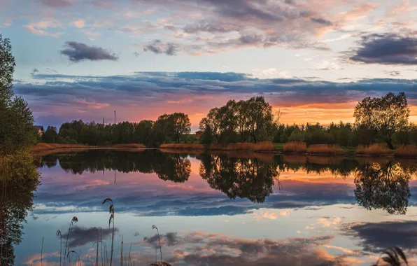 Summer, the sky, water, trees, sunset, nature, reflection, river